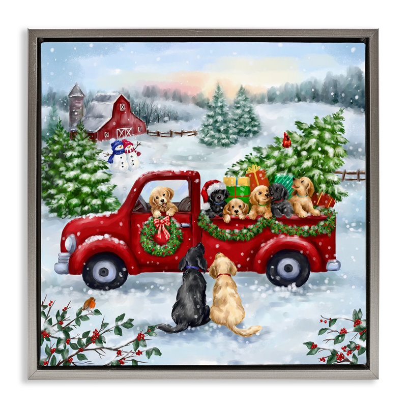 Art mural en toile «Holiday Truck & Tree» par Jean François, H 18 po x l 18 po, Cadre flottant gris lustré