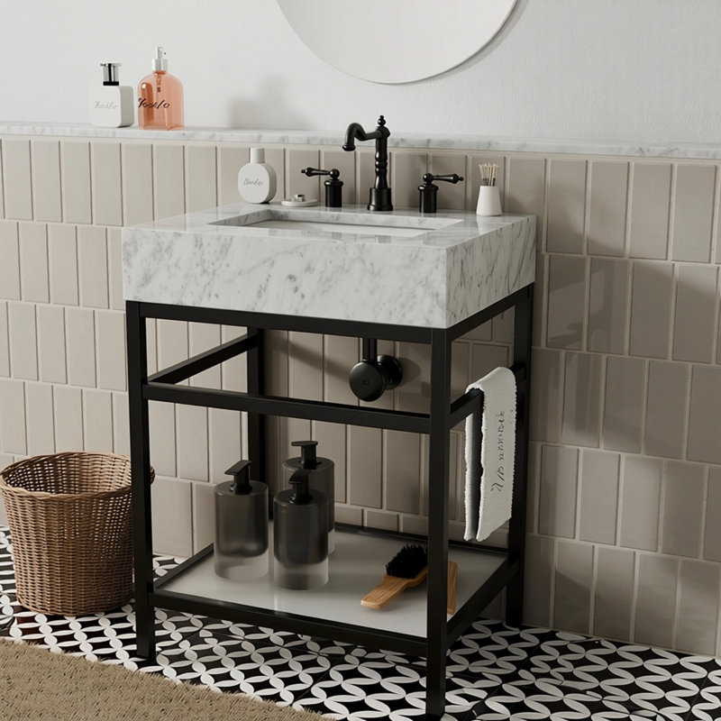 24" Natural Carrara Marble Console Bathroom Vanity, Black, 24"