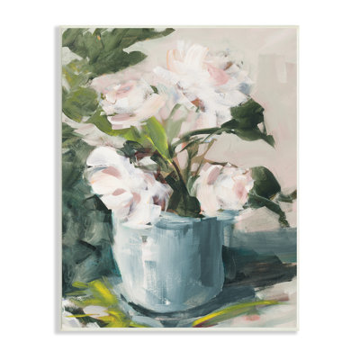 Fleurs impressionnistes en pot, feuilles vertes, pétales roses
