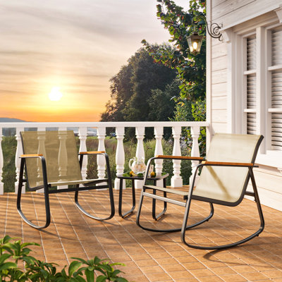 3-Piece Rocking Bistro Set with PVC-coated polyester Chairs – Wooden Armrests, Glass Coffee Table & Cushions
