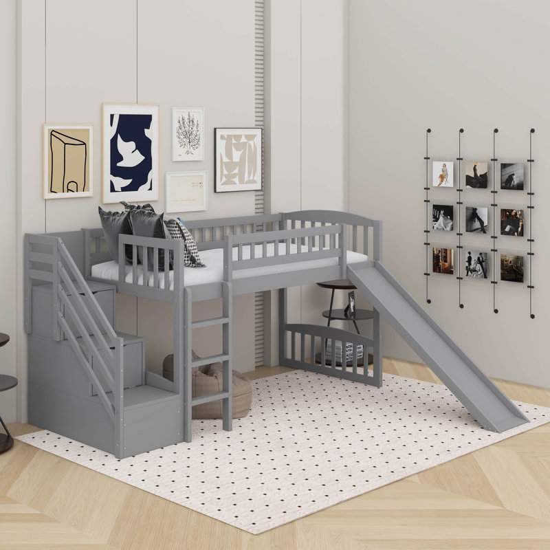 Lit mezzanine simple avec glissière Stairway, Gris
