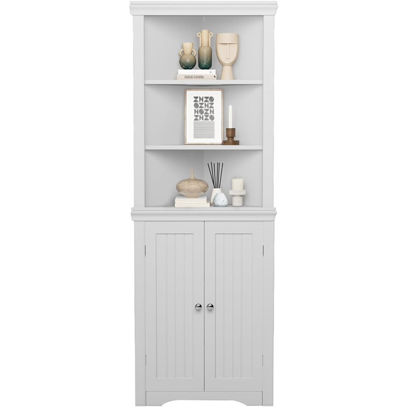 Armoire de rangement autoportante blanche en coin - Étagère 2 portes 3 niveaux pour salle de bain, cuisine, chambre à coucher ou salon