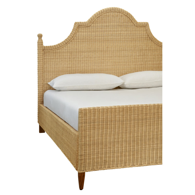 Bed Frame with Arched Headboard, Side Rails, and Footboard in Rattan with Wood Feet, King