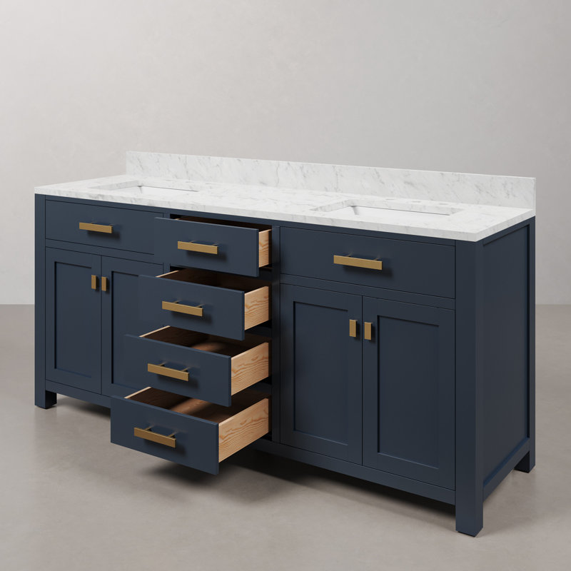 Minnetrista Bathroom Vanity with Marble Top, Monarch Blue, Satin Brass
