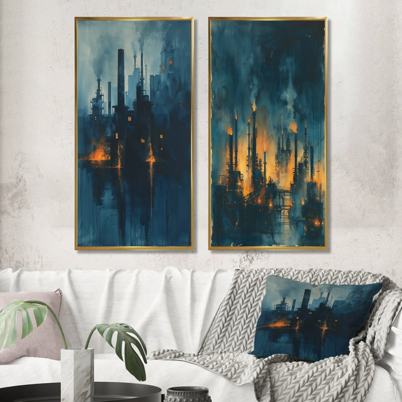 Ensemble de 2 pièces d'art mural jaune et bleu Metropolis, H 32 po x l 32 po, Impression encadrée, Doré