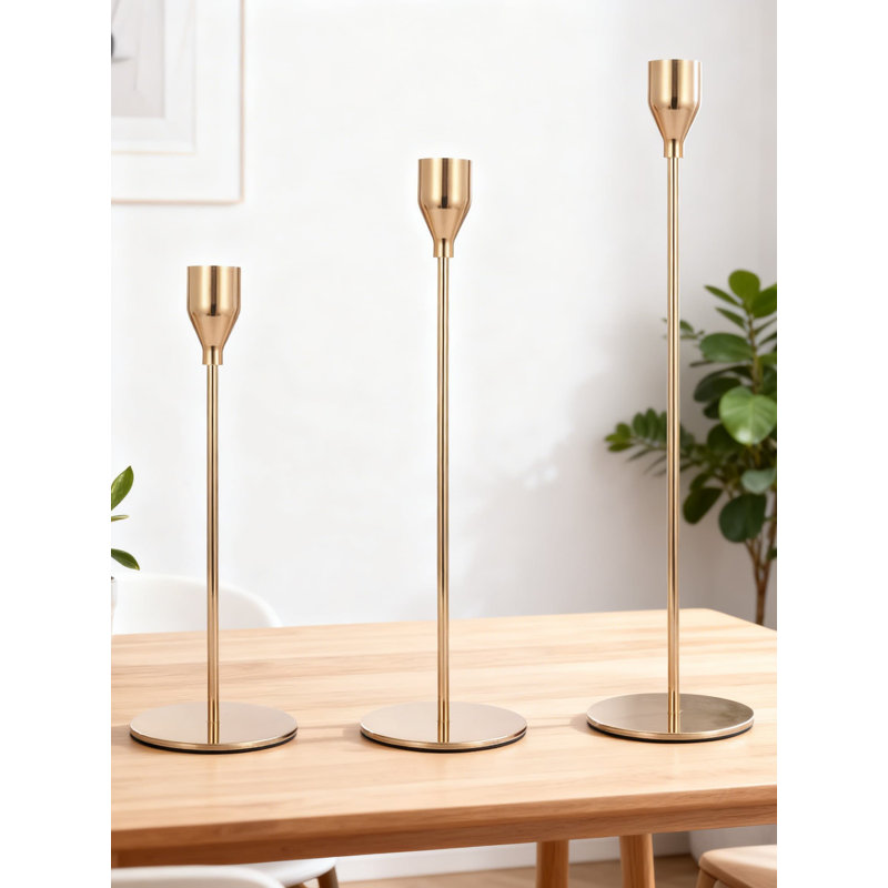 Vintage Metal Taper Candle Holder Set Of 6, Tall Brass Candlestick Holders With Heavy Base For 3/4 Inch Pillar Candles, French Gold Home Decor