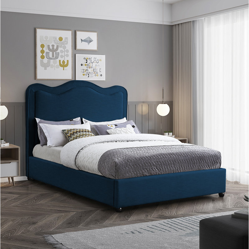 Lit en tissu d'ameublement Felix, Très grand, Lit en lin bleu marine