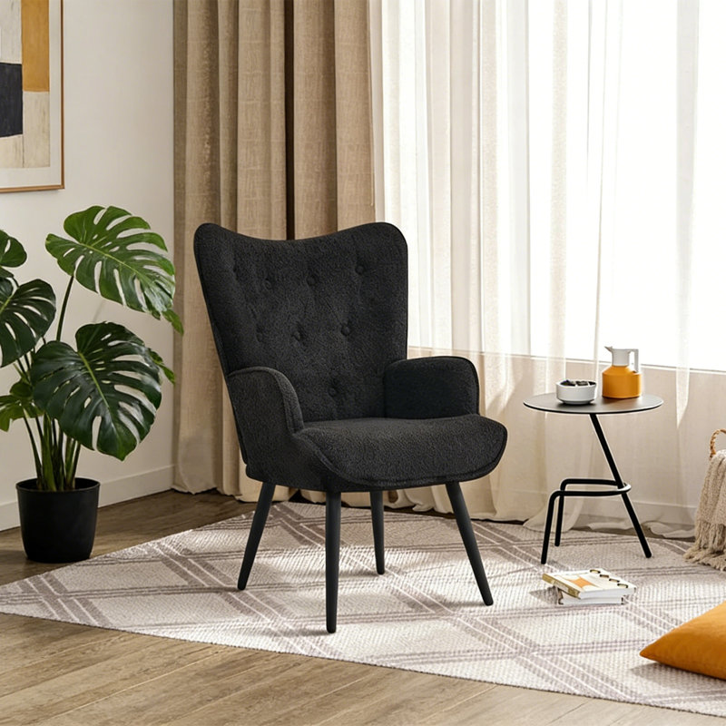Modern Upholstered Wingback Chair Faux Fur Tufted Armchair with Metal Legs, Black-Sherpa Faux Fur