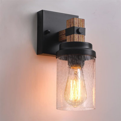 1-Light Rustic Wall Sconces Farmhouse Bathroom Light Fixtures Over Mirror, Handmade Wood Vanity Light Fixtures With Pretty Glass Shade, Wall Sconce For Bathroom Hallway Bedroom