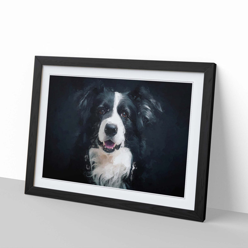 Portrait of a Border Collie Dog in Abstract - Picture Frame Painting Print, 60cm H x 91cm W x 2cm D, Black