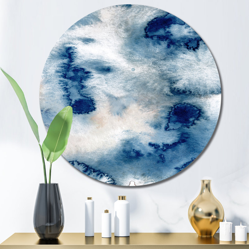 Aquarelle abstraite classique bleu II - cercle moderne en métal, art mural, H 23 po x l 23 po