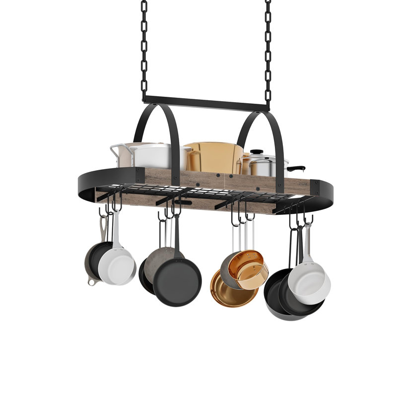 Support à casseroles suspendu, support de casseroles fixé au plafond, organisateur de batterie de cuisine avec 12 crochets en forme de S, grège et noir