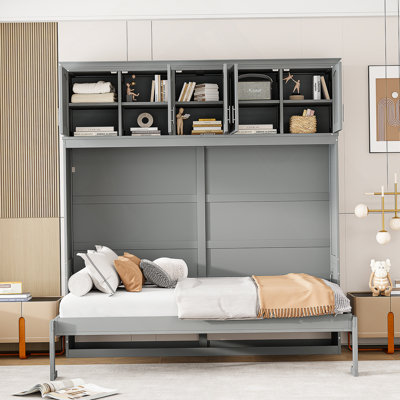 Lit escamotable double pleine grandeur avec armoires supérieures, gris