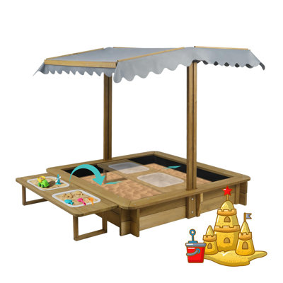 45" Kids Wooden Sandbox with Adjustable Canopy, Outdoor Sand Play Station with 4 Built-in Seats, 2 Side Storage Buckets and Bottom Net