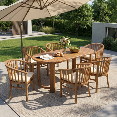 Zarek 6-Person Modern Coastal Acacia Wood Patio Dining Set with Cushioned Slat Armchairs & Oval Dining Table