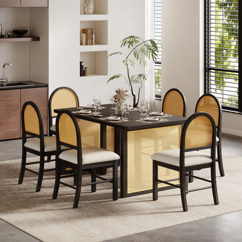 Ensemble de table de salle à manger 7 pièces de style campagnard pour table rectangulaire de 6 à 59,8 po avec placage de chêne vieilli et 6 chaises en rotin