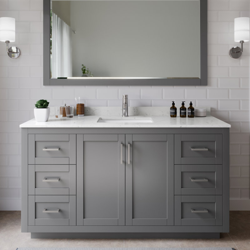 Miranda 60" Freestanding Single Bathroom Vanity with Cultured Marble Top, Brushed Nickel, Carrara Cultured Marble, Dark Gray