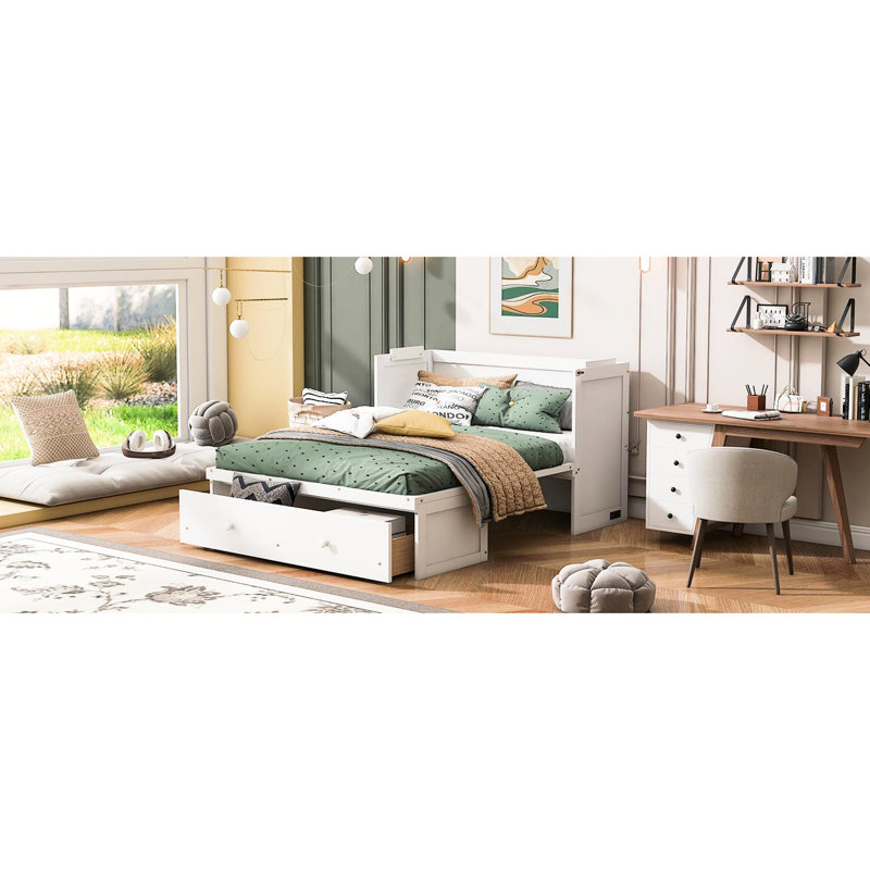 Lit blanc avec port et armoire spacieuse avec tiroir - Stable et vaste rangement, Full, White
