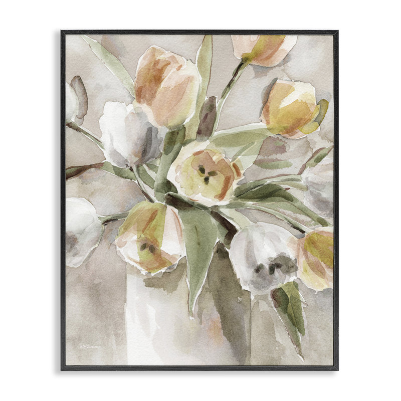 «Peachy Tulips Vase», estampe numérique de Carol Robinson, H 14 po x l 11 po, Giclée encadrée noir minuit