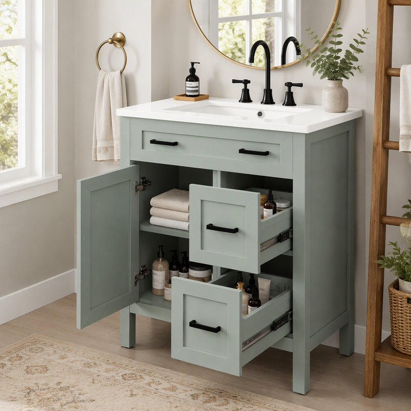 Meuble-lavabo 30 po vert sauge avec lavabo en céramique, structure en bois massif, 2 tiroirs à fermeture en douceur, 1 porte à fermeture en douceur, tablette réglable et poignées noires
