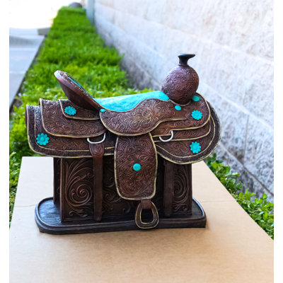 Figurine décorative de selle western, centre de table, similicuir travaillé, accents turquoise, 33 cm (L)
