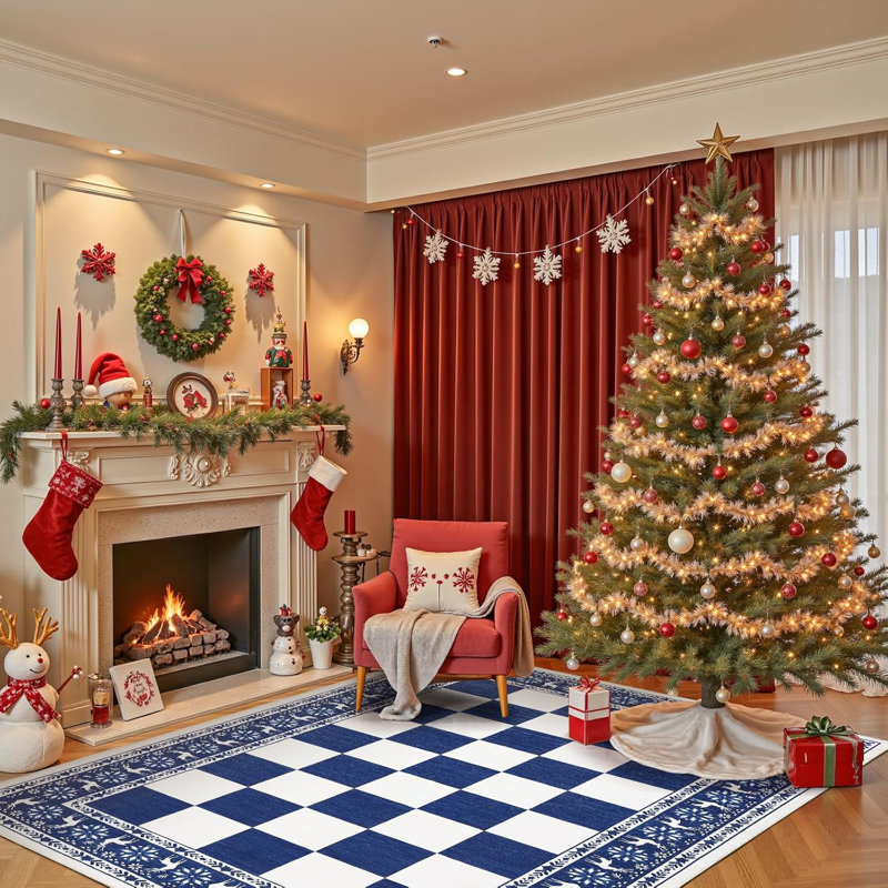 8x10 Checkered Christmas Area Rug, Washable Non Slip Low Pile Rug for Dining Room, Blue, Blue, Rectangle 8' x 10'