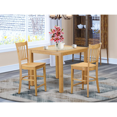 3 Piece Counter Height Dining Set for Small Spaces Contains a Square Wooden Table and 2 Kitchen Chairs, Oak