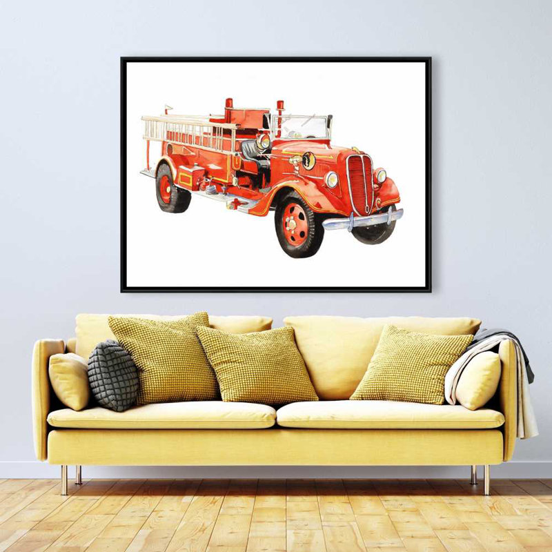 Toile de camion de pompiers rétro | Art encadré, H 49,25 po x l 37,25 po