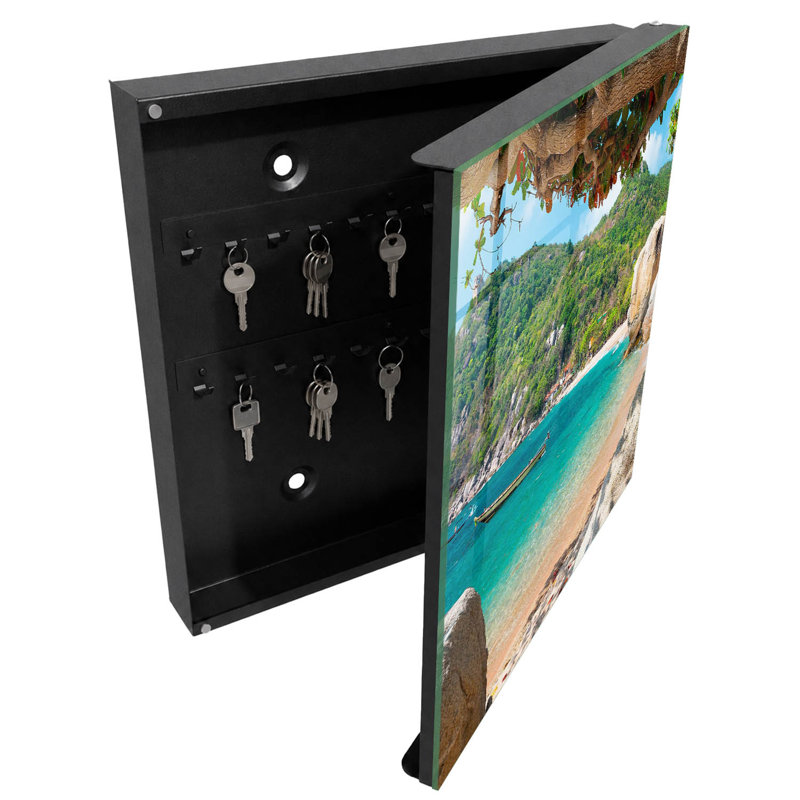 Key box, Opens to the left, 30x30x5, White, A beach with a boat among green hills, 