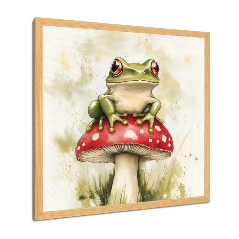 Grenouille blanche sur un champignon de la forêt - Tableau encadré sur le thème des bois, H 24 po x l 24 po, Cadre naturel