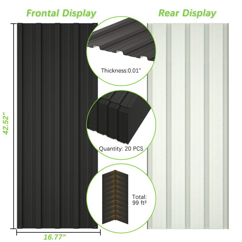 Roof Panels Galvanized Steel Hardware Roofing Sheets, Black, 16.77" W x 42.52" L