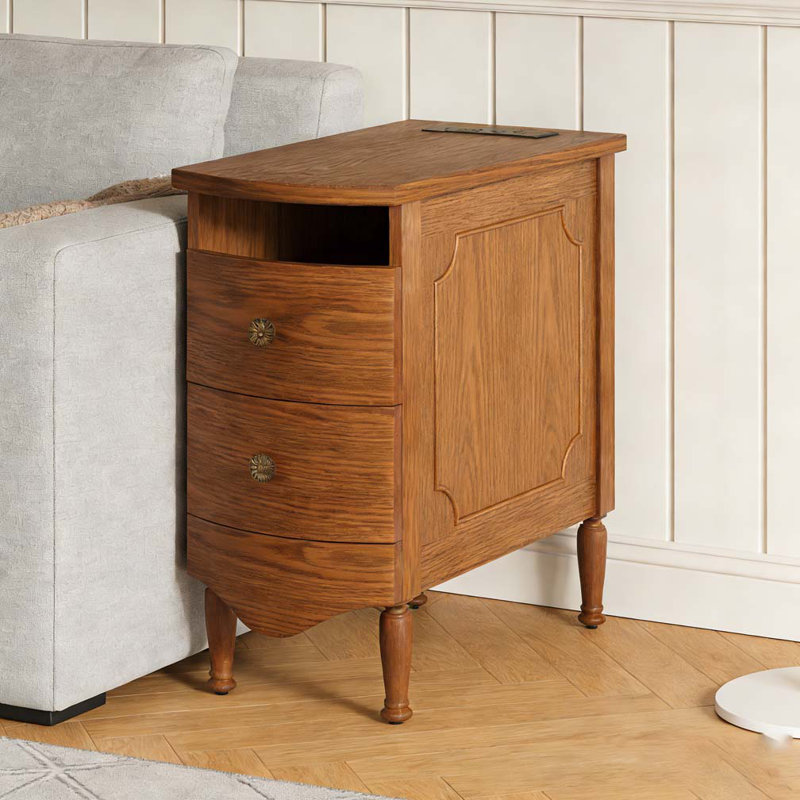 Table de bout avec station de charge, table d'appoint étroite avec 2 tiroirs, Marron foncé