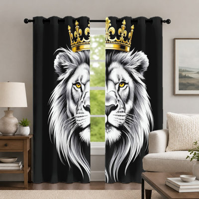 2 pièces de rideaux à motif de lion couronné, draperies à imprimé animal artistique, rideaux à œillets audacieux, habillage de fenêtre pour le décor de la chambre à coucher