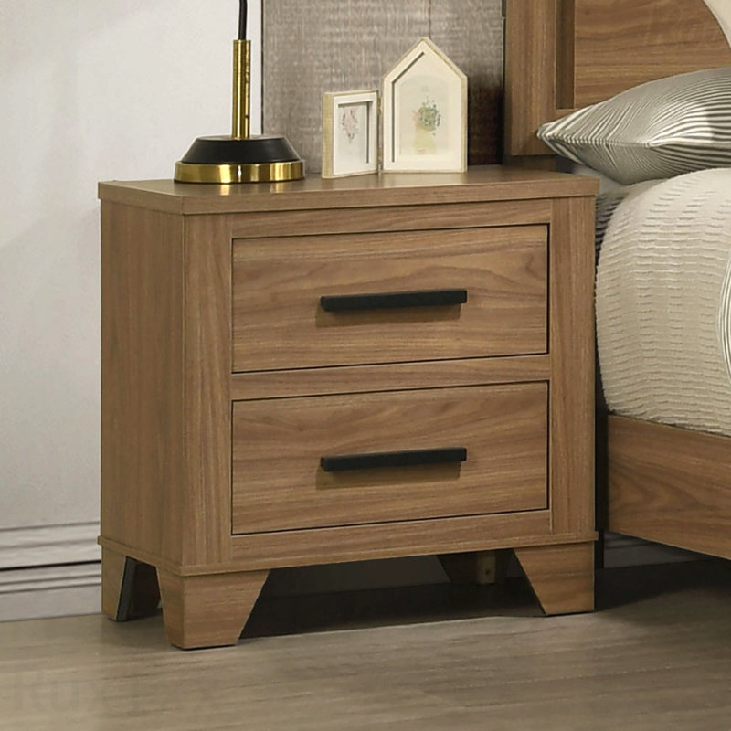 Table de chevet 1 pièce en noyer, meubles de chambre à coucher de style transitionnel avec glissières en métal et poignées de bar
