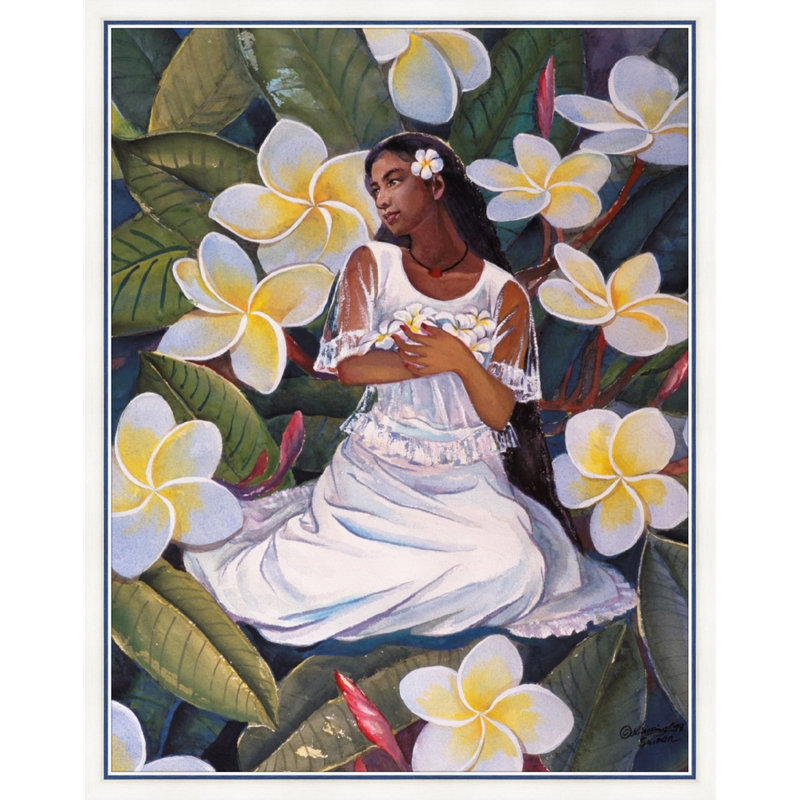 Floral Embraced Island Girl Print by Chen Xiaoping, 46" H x 36" W, White Picture Framed