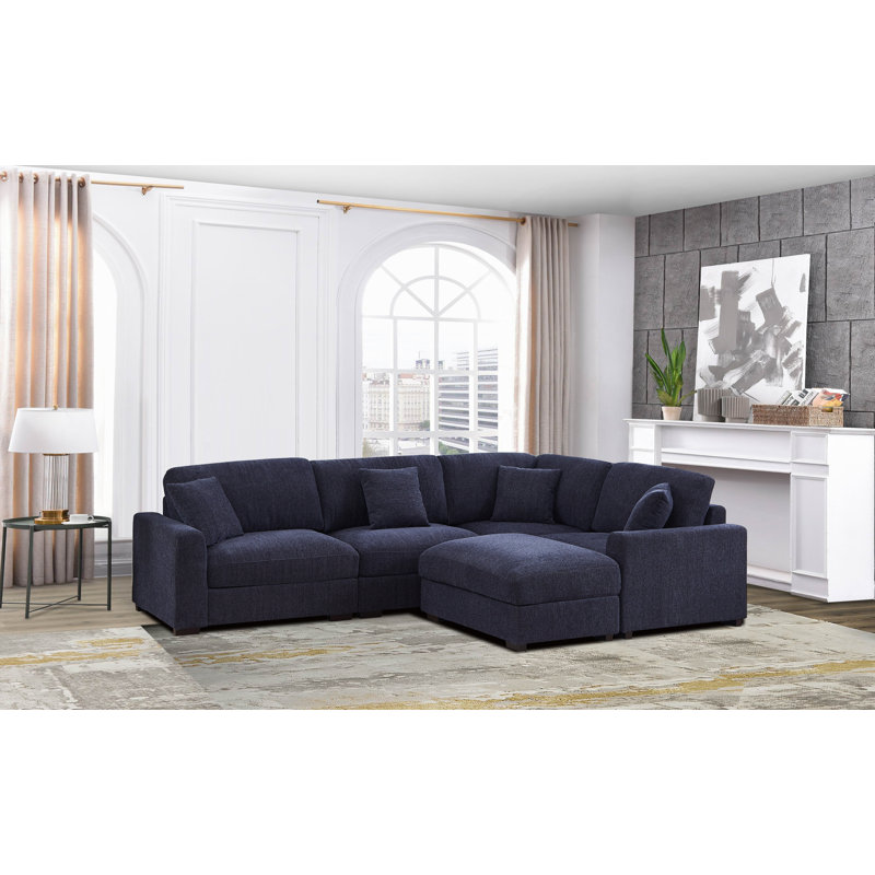 Angellee Modern Upholstered Sectional Sofa 5-seat Modular Wedge Couch w/ Ottoman & 4 Pillows, Dark Blue Polyester Blend