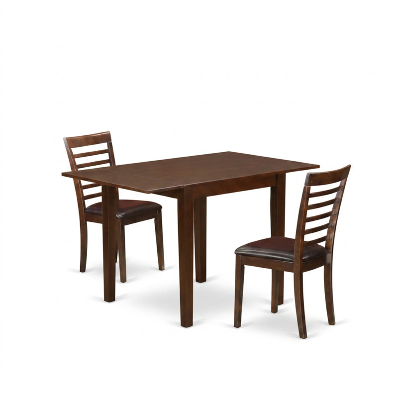 Ensemble de table de cuisine rectangulaire en bois franc d'acajou 3 pièces avec table Dropleaf et chaises rembourrées en similicuir