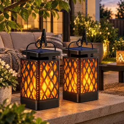 Lanternes solaires suspendues à énergie solaire, effet de lumière DEL scintillante réaliste, lumières d'extérieur et de jardin rétro imperméables, capteur de crépuscule à l'aube automatique