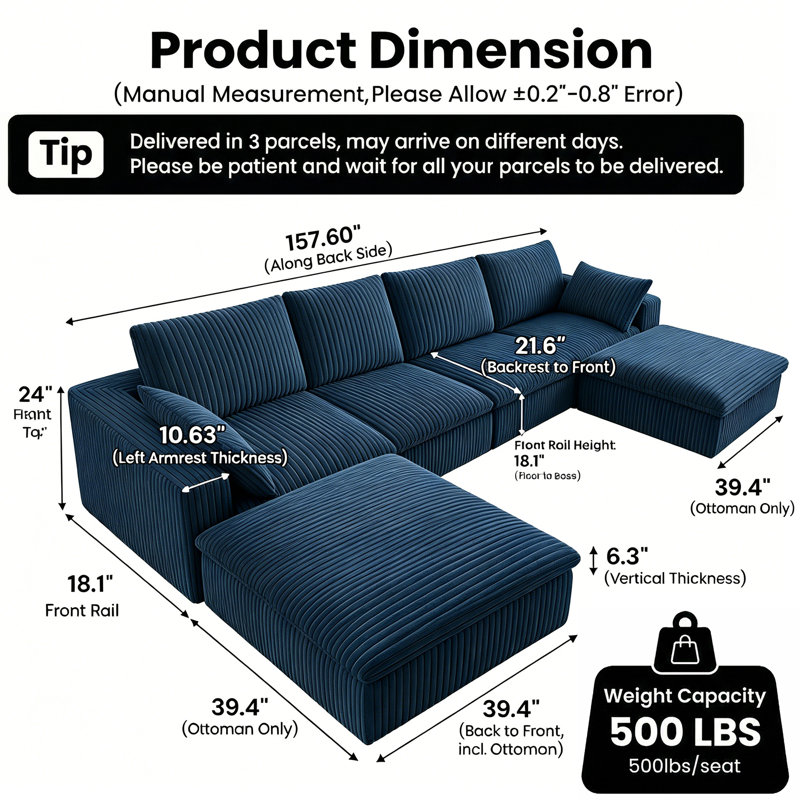157.6" Oversized Deep Seat Upholstered Couches, Plush Corduroy Modular Sectional Sofa with Ottoman, Fluffy 4-Seater Boneless Couch for Living Room, No Assembly Required