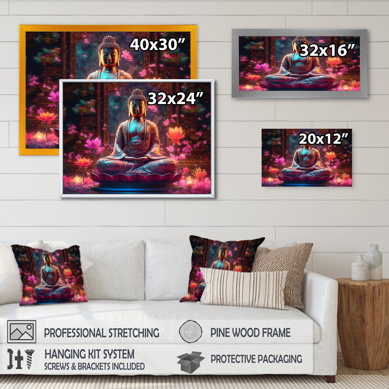 Starlight Buddha I - Décoration murale paysage religieux, Cadre noir, H 12 po x l 20 po x P 1 po
