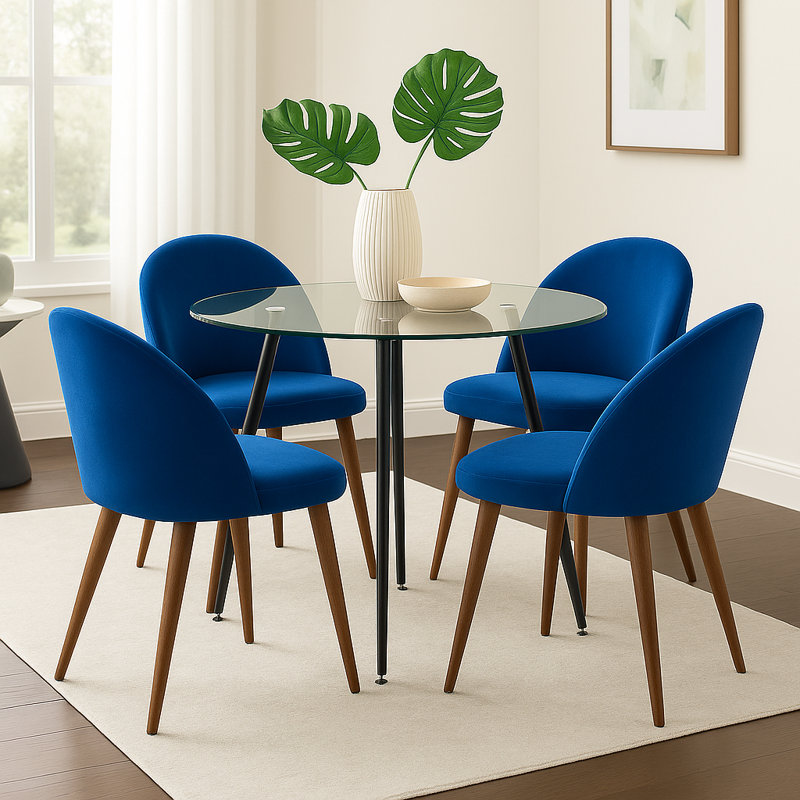 5-Piece Round Dining Set With Tempered Glass Table And Velvet Upholstered Side Chairs, Small-Space Design, Blue