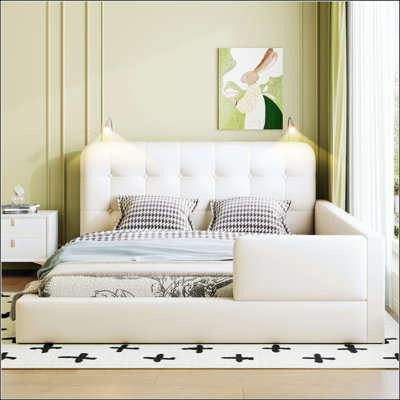 Grand lit plateforme tapissier avec 2 lampes de lecture