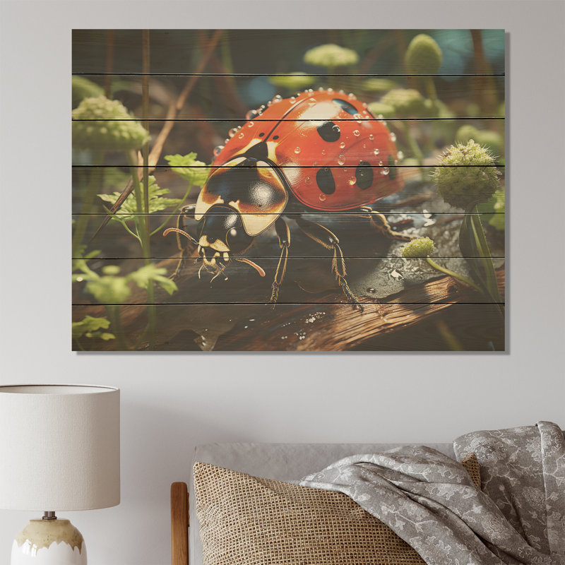 Coccinelle rouge aventureuse II - coccinelle sur bois, H 10 po x l 20 po