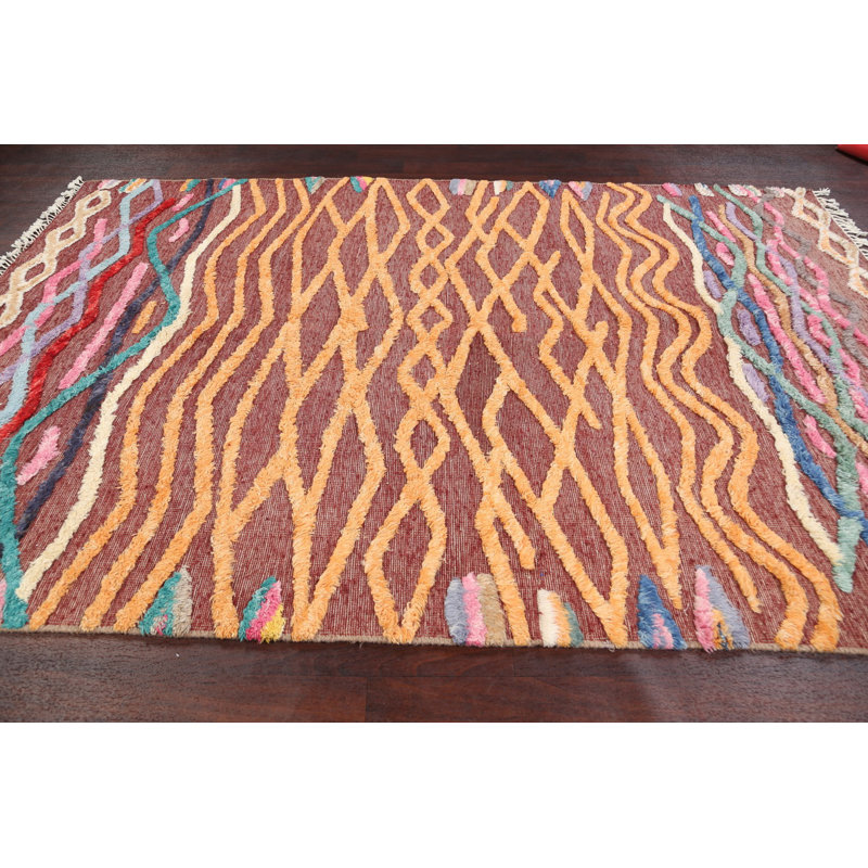 Tapis décoratif en laine noué à la main de conception unique noué à la main Bourgogne/brun foncé/Aqua 6 pi 5 po x 9 pi 7 po New Age