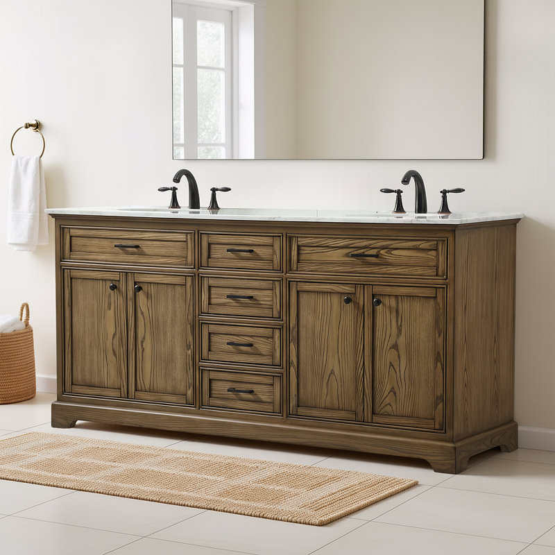 Hermes 72'' Double Bathroom Vanity with Carrara Marble Top, Driftwood