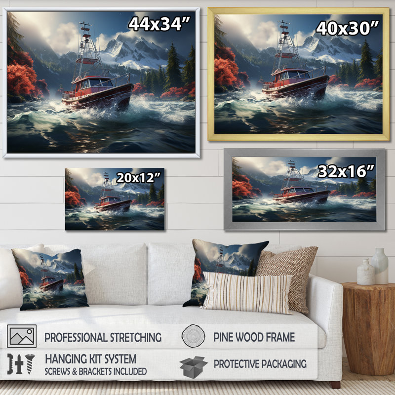 Bateau de pêche rouge et blanc dans une rivière III - Bateau de pêche, art mural, Cadre d'angle fermé noir
