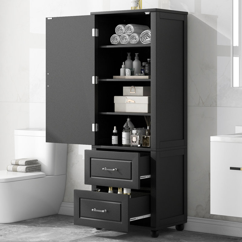 Grande armoire de rangement autoportante noire avec deux tiroirs et tablette réglable, panneau de fibres à densité moyenne peint