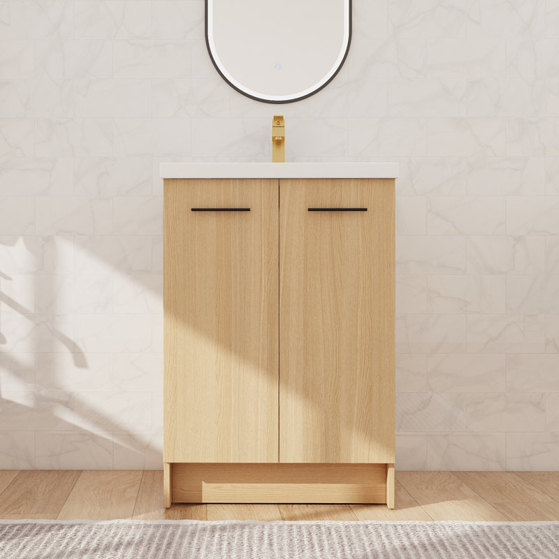 Meuble-lavabo sur pied simple 24 po avec lavabo en résine, meuble-lavabo sur pied avec 2 portes et 1 tablette réglable