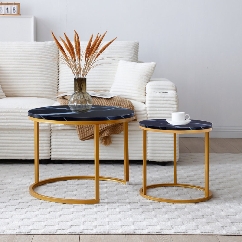 Ensemble de 2 tables basses à plateau gigogne à cadre doré, tables rondes à motif en marbre et rondes, salon, chambre à coucher, appartement, table de chevet simple industrielle moderne