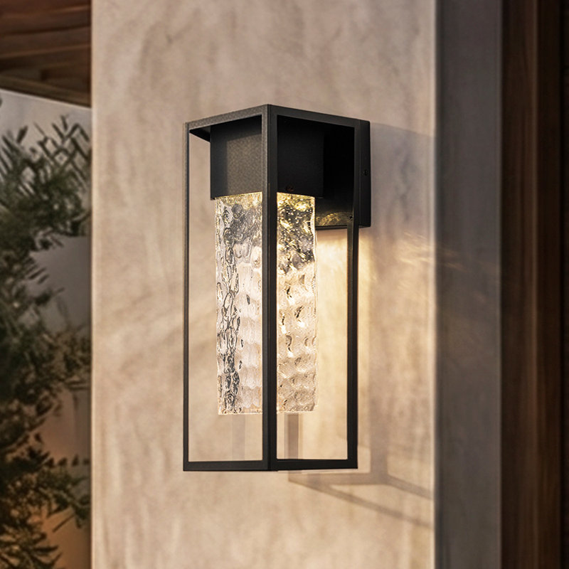 H19" Modern Large Matte Black 10w Integrated Led Wall Sconce With Open Frame And Seeded Glass For Porch Garage Entryway Exterior Lighting